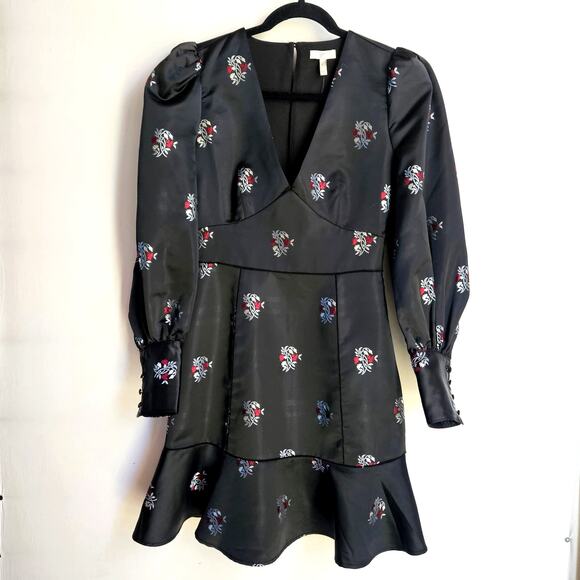 Joie Minia Black Satin Brocade Ruffle Mini Dress Size 2 Dark Floral Whimsigoth - Picture 1 of 11
